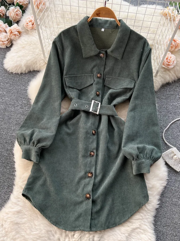 Foamlina Casual Women Autumn Corduroy Dress Solid Turn-down Collar Long Sleeve Single Breasted Belted A-line Short Female Dress