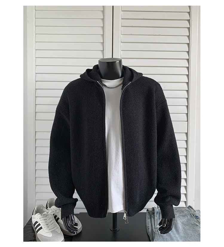 2026 New Autumn Winter Simple Solid Color Knitted Hoodie Men Japan Korean Fashion Casual Loose Double Zipper Hooded Jacket