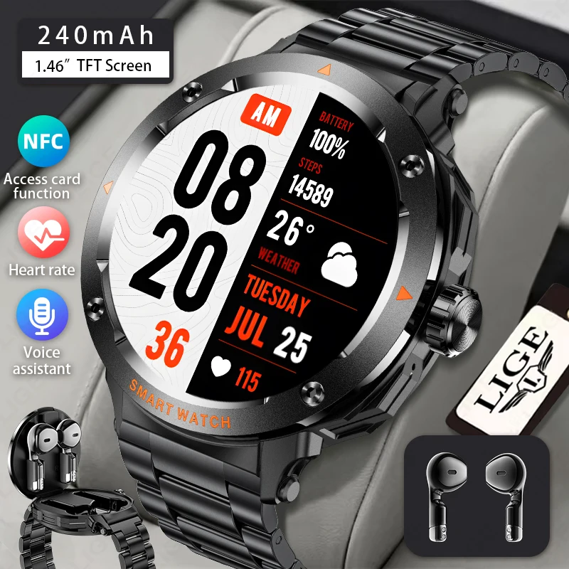 

LIGE Новые умные часы 2 в 1, наушники TWS Bluetooth, 1,46 дюйма, NFC, контроль доступа, монитор сердечного ритма и здоровья, мужские умные часы