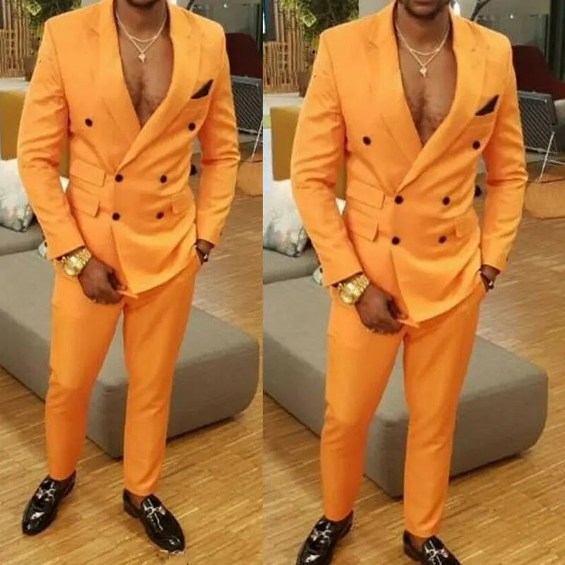 2Pieces Orange Wedding Suits for Men Bespoke Peak Lapel Double Breasted Blazer Groom Tuxedos Costume Mariage Homme  Jacket+Pants