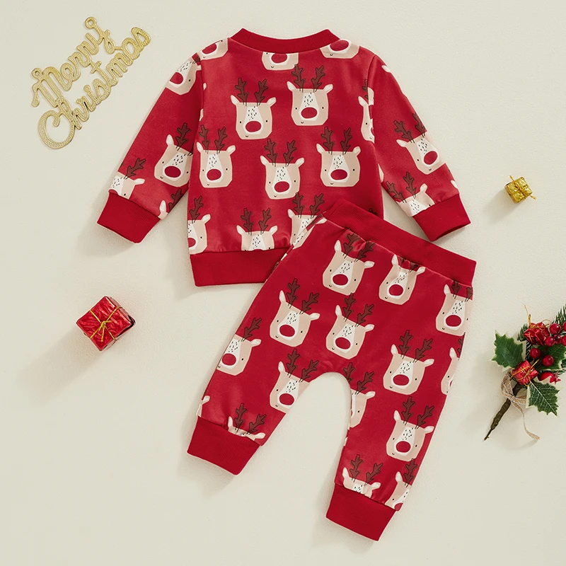 2024-07-13 Lioraitiin Baby Christmas Set, Cartoon Elk Print Long Sleeve O-Neck Sweatshirt with Elastic Waist Sweatpants Outfit