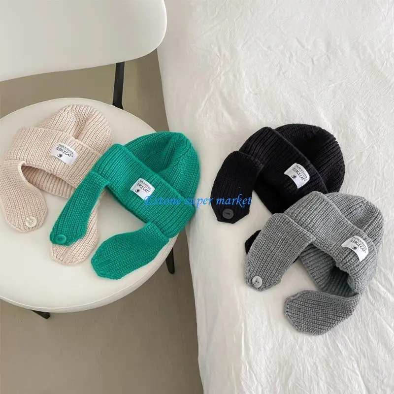

090B Lovely Knit Earflap Hat for Kids Warm Winter Headgear for Boys & Girls Knitted Ear Warmer Cap Solid Color Winter Hat