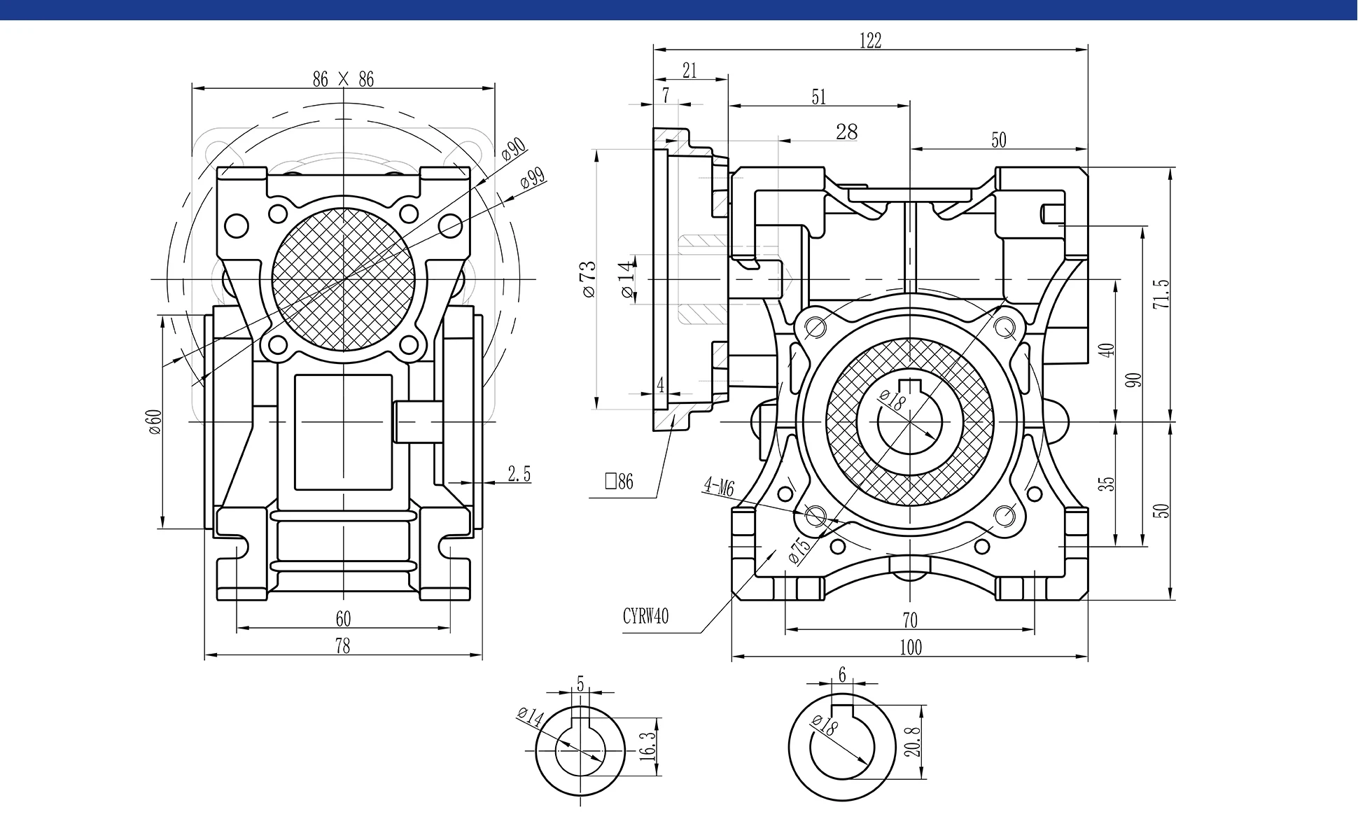 CHENYUE Worm Gearbox CYRW040 Gear Reducer Input 9/11/14mm Flange 56B5/63B5/71B14 Output 18mm Tin bronze Worm Gear