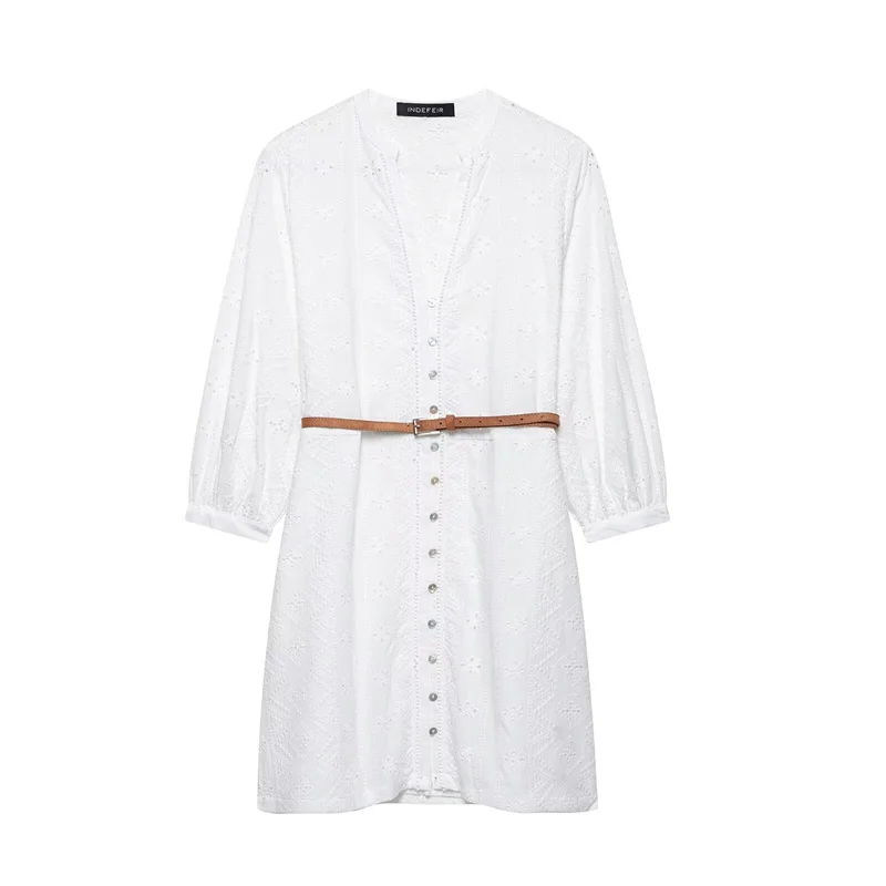 

2025 New White Long Sleeve Mini Women's Dress Spring Skirt Sexy Cut-out Embroidery Design Belt Decoration Fashion Personality