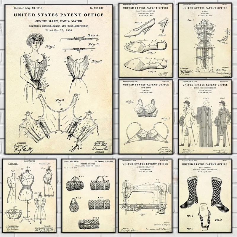 Vintage Clothing Design Blueprint Patent Poster Fashion Clothes Shoe Bag Sewing Machine Canvas Painting Tailor Room Home Decor