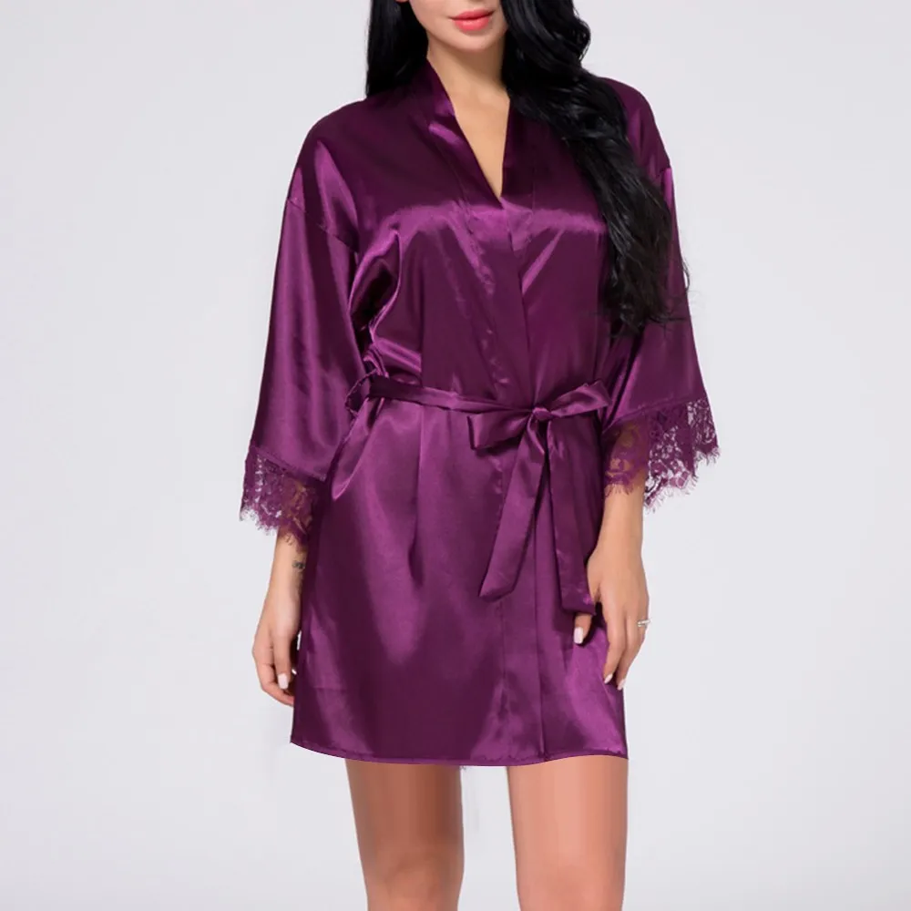 Women's Kimono Robe Nightgown Three-quarter Sleeve Lace Stitching Silky Satin Bathrobe Nightwear Leisure Ladies Home Clothes