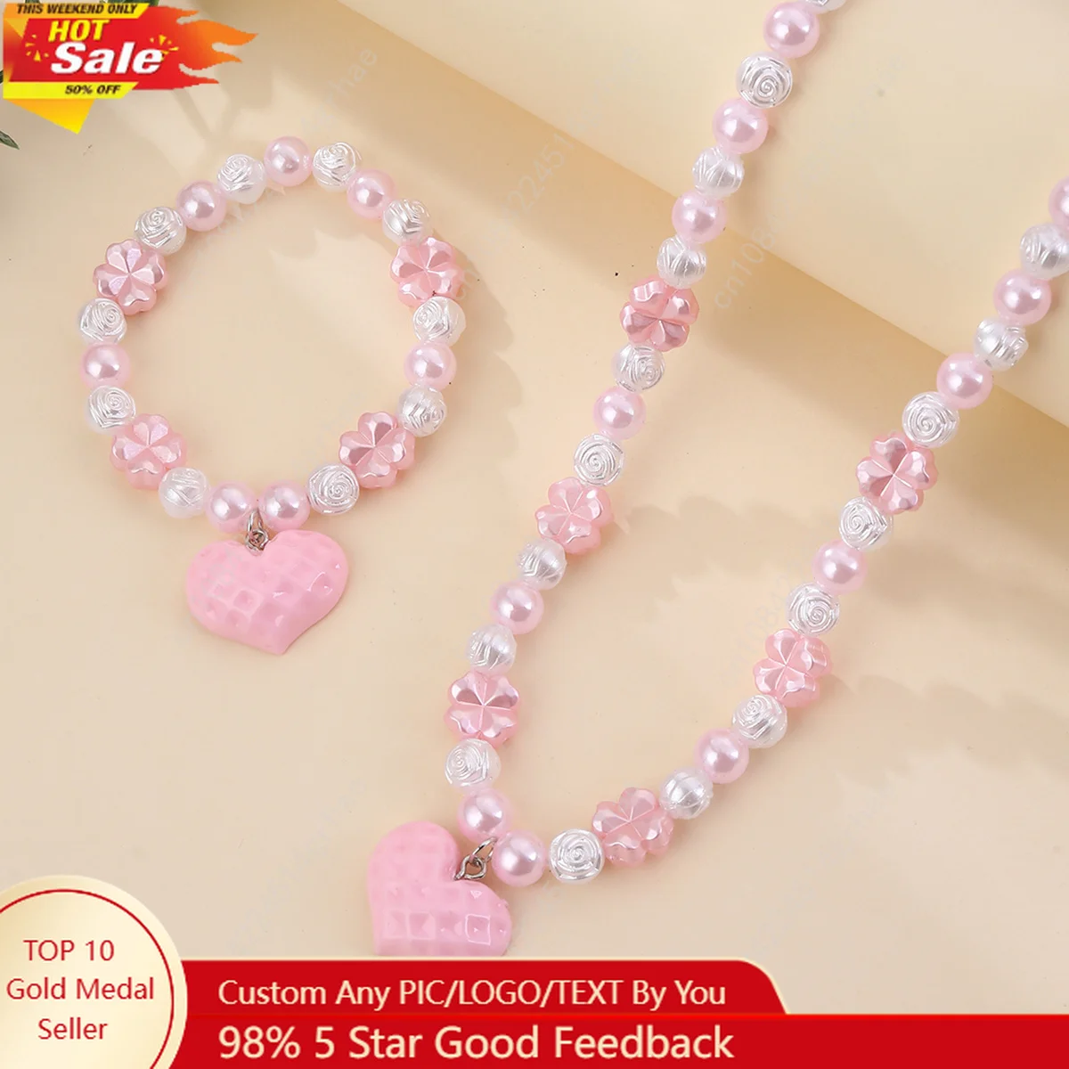 

2Pcs Pink Heart Flower Girls Necklace Bracelets for Toddler Princess Sweet Beaded Jewelry for Gift Birthday Party Favors