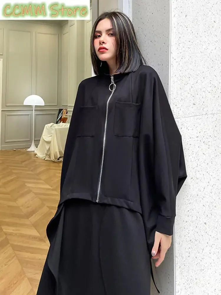 

Loose Fit Black Big Size Casual Jacket New Stand Collar Long Batwing Sleeve Women Coat Fashion Spring Autumn