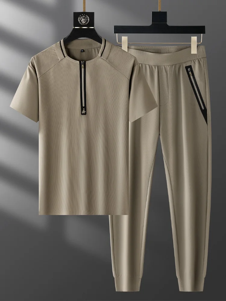 

Summer Ice Silk Elastic Sports Set Men's f Zip round Ne T-irt Cuffed Nine-Point Pants Two-Piece Casual Sport...