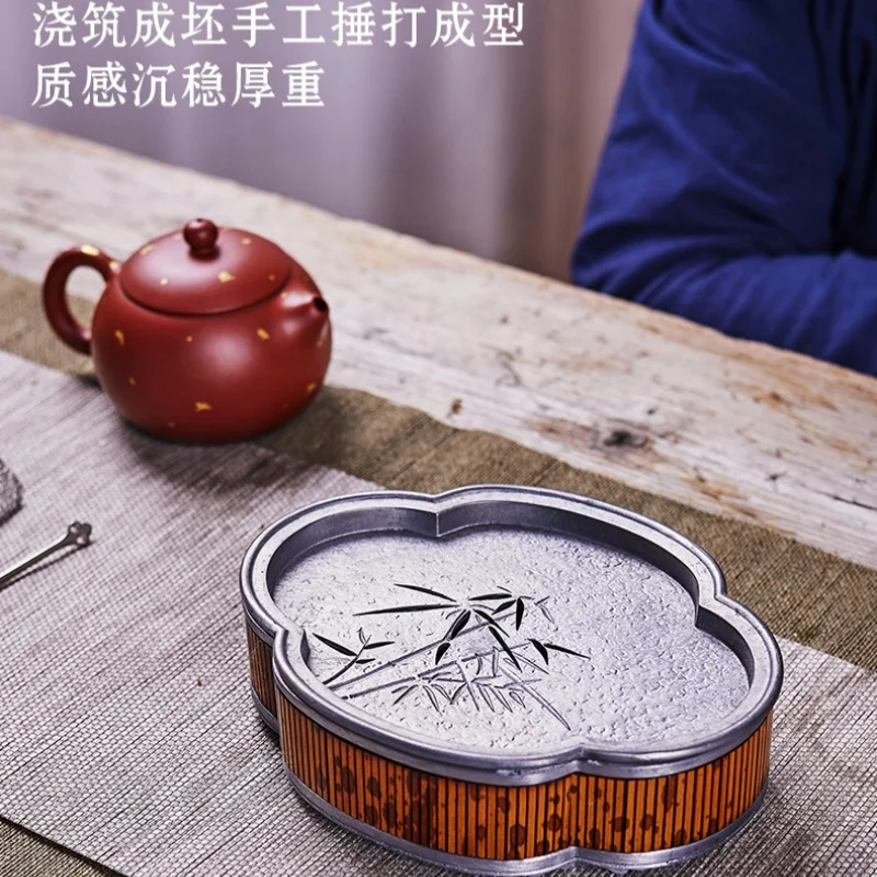 Xiangfei bamboo teapot tin tea tray, retro tea ceremony dry brewing table, water storage tea table, teapot and tea holder