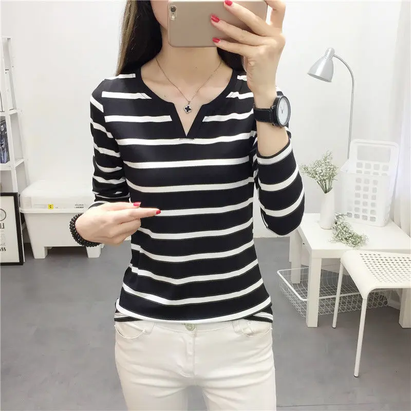 Autumn and Winter Fashion New Women\'s V-neck Striped Long-sleeved T-shirt Slim-fit Top Base Shirt Women\'s All-match