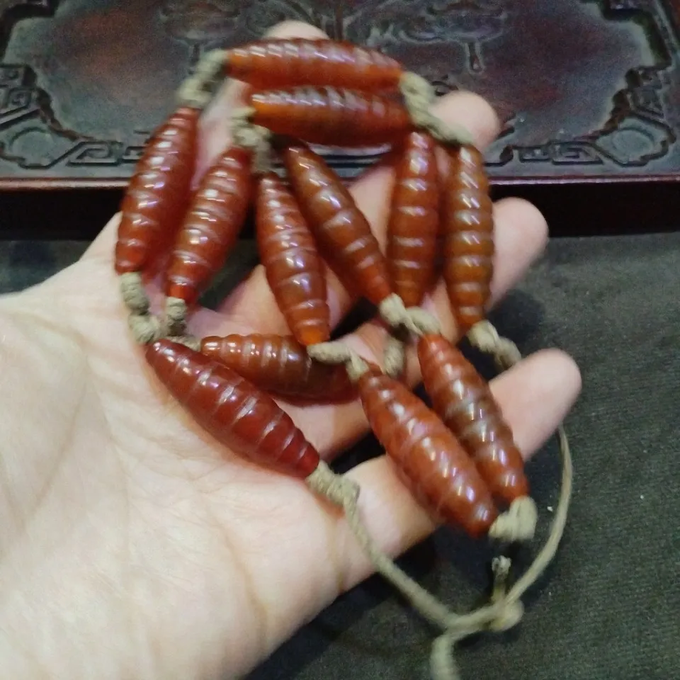 Antique Style Red Ribbed Conical Stone Beads Hand Braided Linen Rope Retro Boho Irregular Shape Jewelry Making Supply