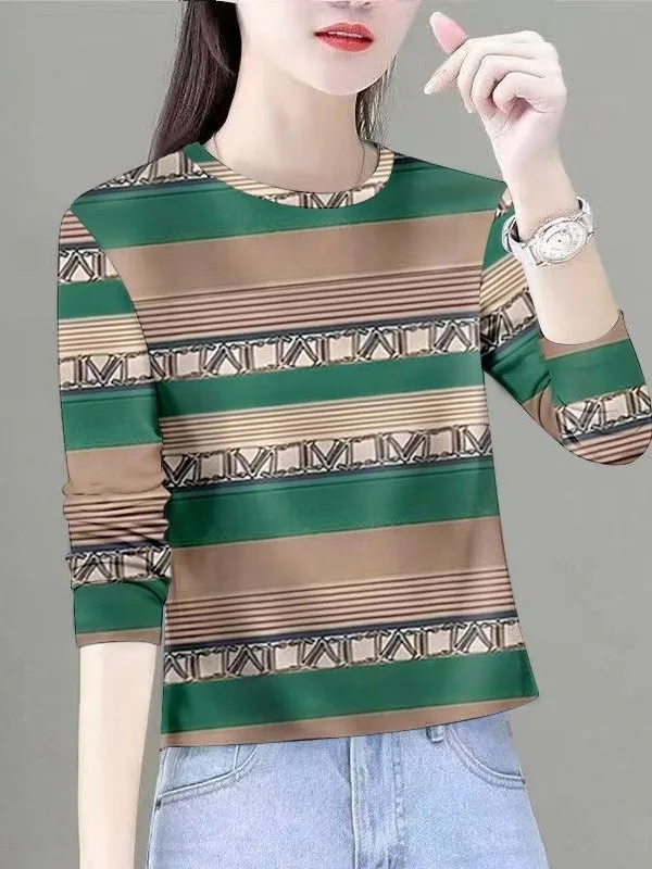 

Elegant plus Size Women's Long Sleeve round Neck Striped Base Shirt Casual Loose Fit T-Shirt for Middle-Aged Mothers Belly Co...