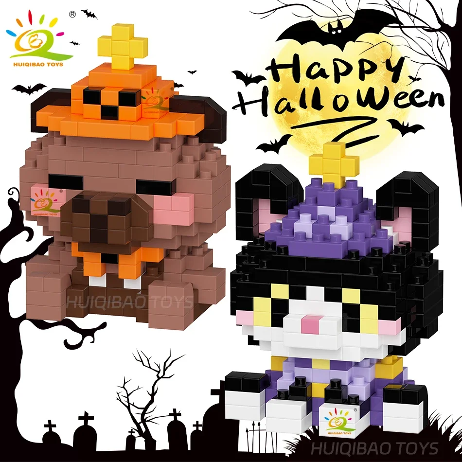 HUIQIBAO MINI Halloween Witch Cat Pumpkin Hat Capybara Micro Building Block Set City Cartoon Animal Diamond Bricks Toys Adult