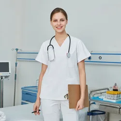 Women's White Medical Uniform Scrub Set Nurse Doctor Workwear Hospital Scrubs Three-Pocket Top with Two-Pocket Pant 002