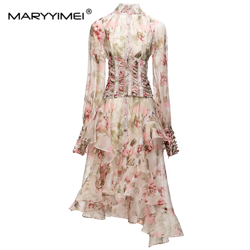 MARYYIMEI Fashion Designer Women's dress Standing collar Lantern Sleeve Ruffles Asymmetrical Bodycone Draw String Dresses