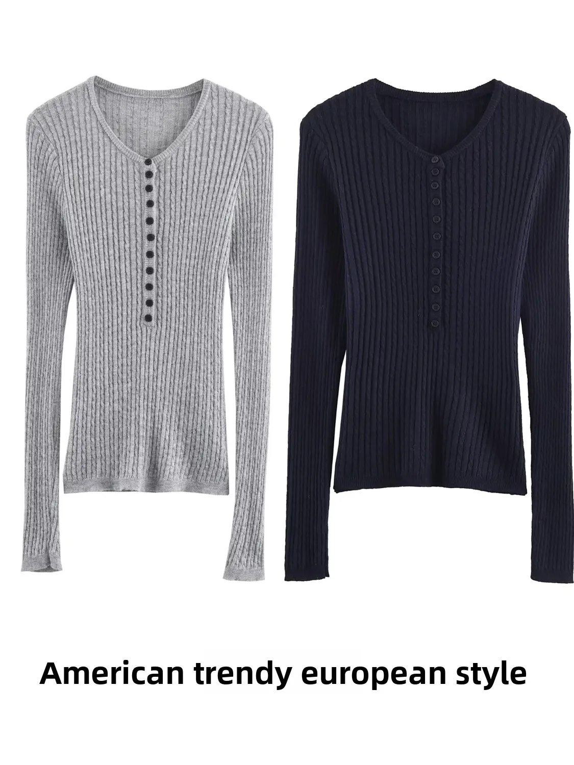 

Trendy European Sle Long Sve Knitted Sweater Button up Polyester Fiber round Ne Striped Pattern Women's Faion Autumn...