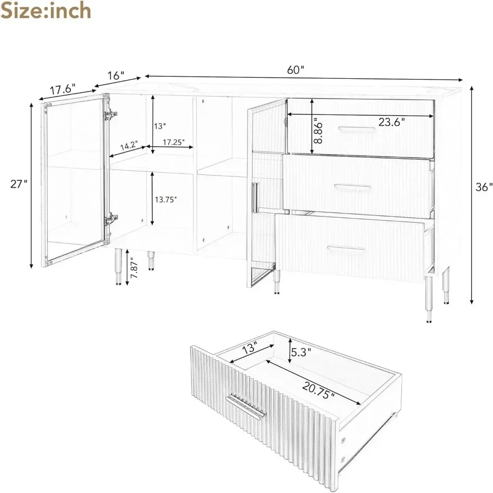 Modern Sideboard with Tempered Glass Doors, 60