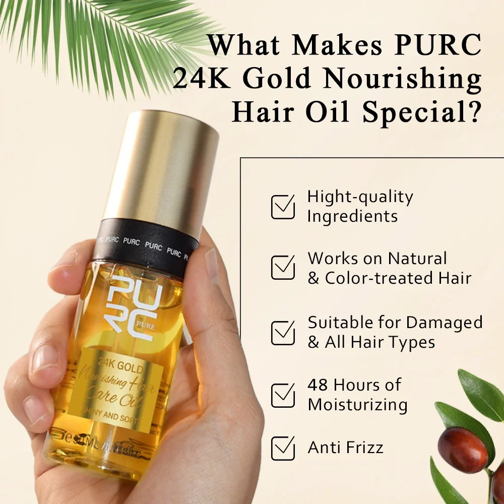 Purc-Óleo Nutritivo para o Cabelo, Suavização Reparadora Danificada, Tratamento Frizzy, Óleo de Coco, Produtos de Cuidado Hidratante, Ouro 24K, 50ml