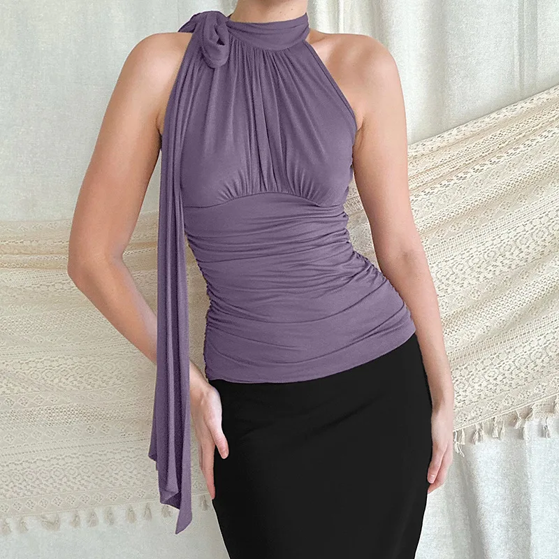 

Ele Pure Color, летний новый жилет с высоким воротником и сборкой на талии, облегающий жилет без рукавов, топ для женщин, полиэфирное волокно