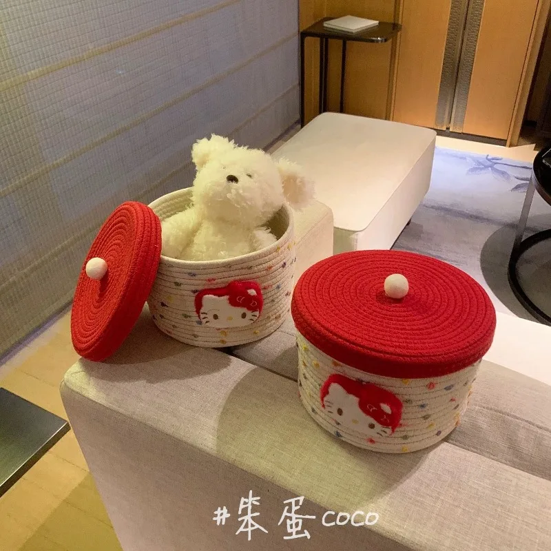

Sanrio Hello Kitty Home Decoration Storage Box Anime Peripherals Cute Girl Heart Desktop Cosmetics Snacks Woven Basket Gifts