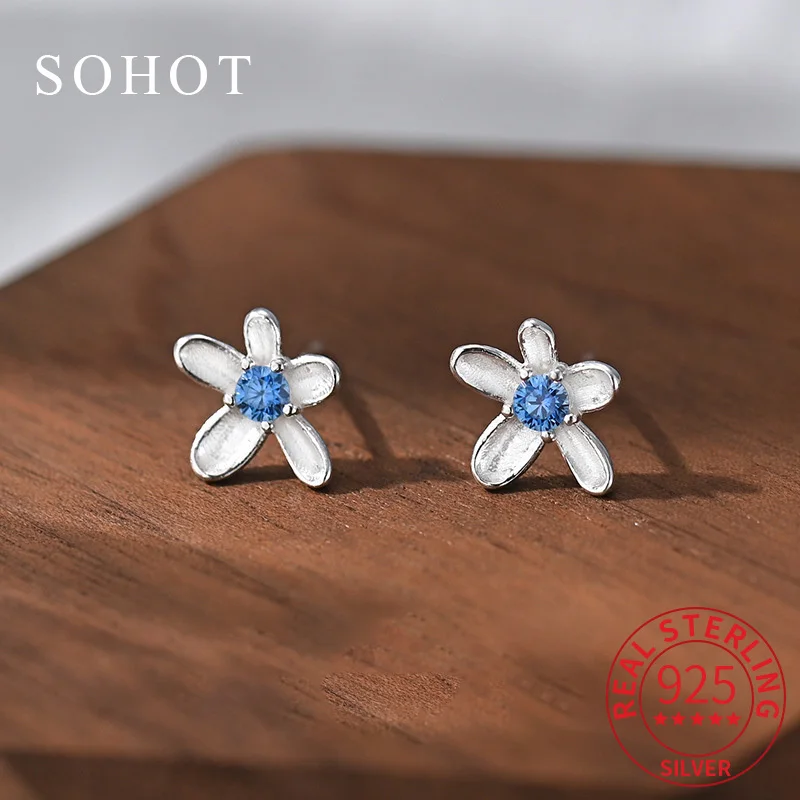 

Real 925 Sterling Silver Blue Zircon Irregular Flower Piercing Screw Bead Stud Earrings for Women Cute Fine Jewelry Accessories