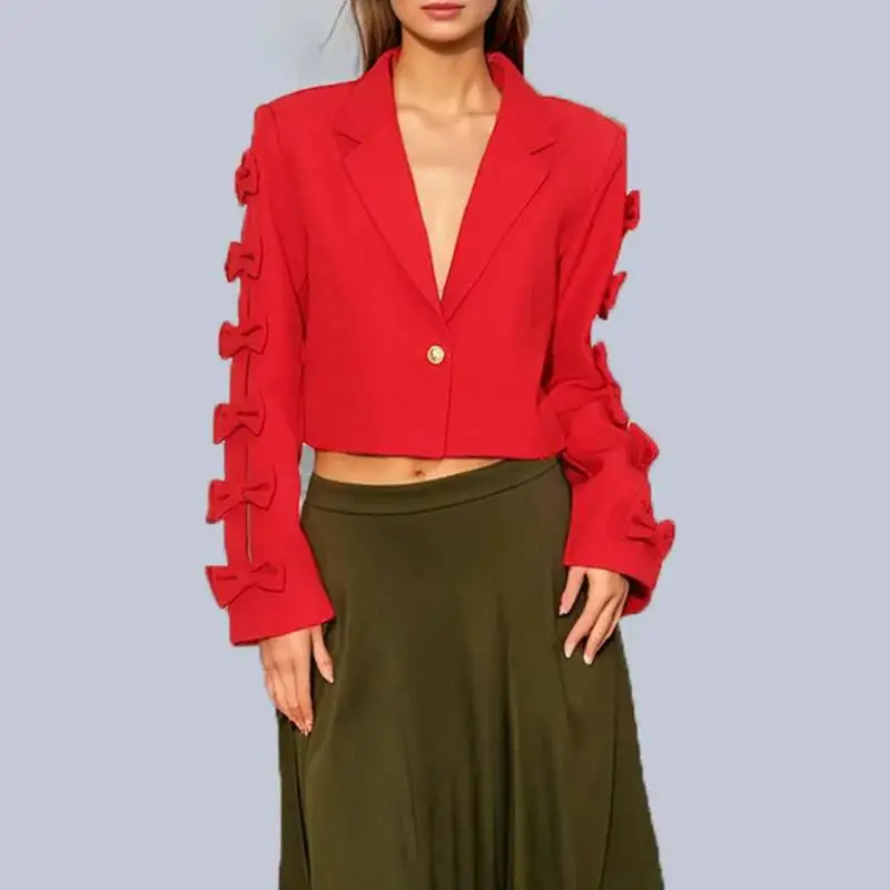 

Runway Brand Fancy Luxury Bow Sleeve Short Blazers Women Suit Coats Hollow Out Autumn Clothings