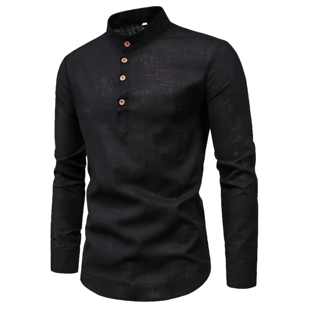 Men Shirt Solid Color Stand Collar Long Sleeve Buttons Autumn Shirt Business Pullover Slim Fit Work Shirt Spring Shirt