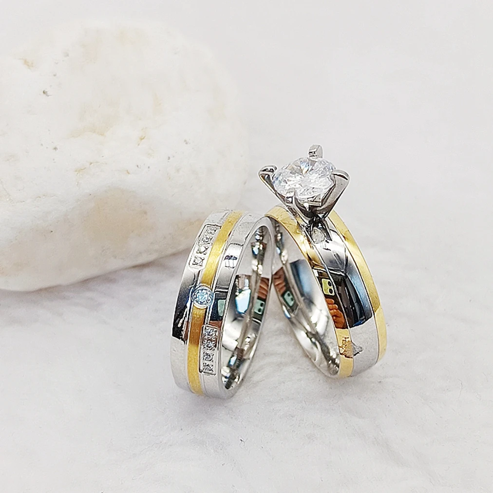 Two Tone Shiny Ladies Cz Diamond Wedding Engagement Rings Bridal Sets women 24k Gold Plated Jewelry Love commitment alliance