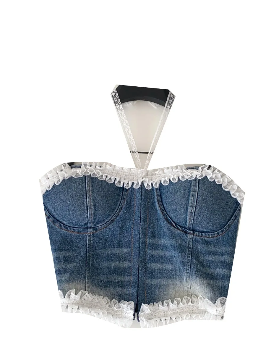 Foamlina Corsetto a fascia in denim effetto consumato con volant alla moda Top da donna europeo Hot Girl Slim Fit Street Style Petite Vest Bra