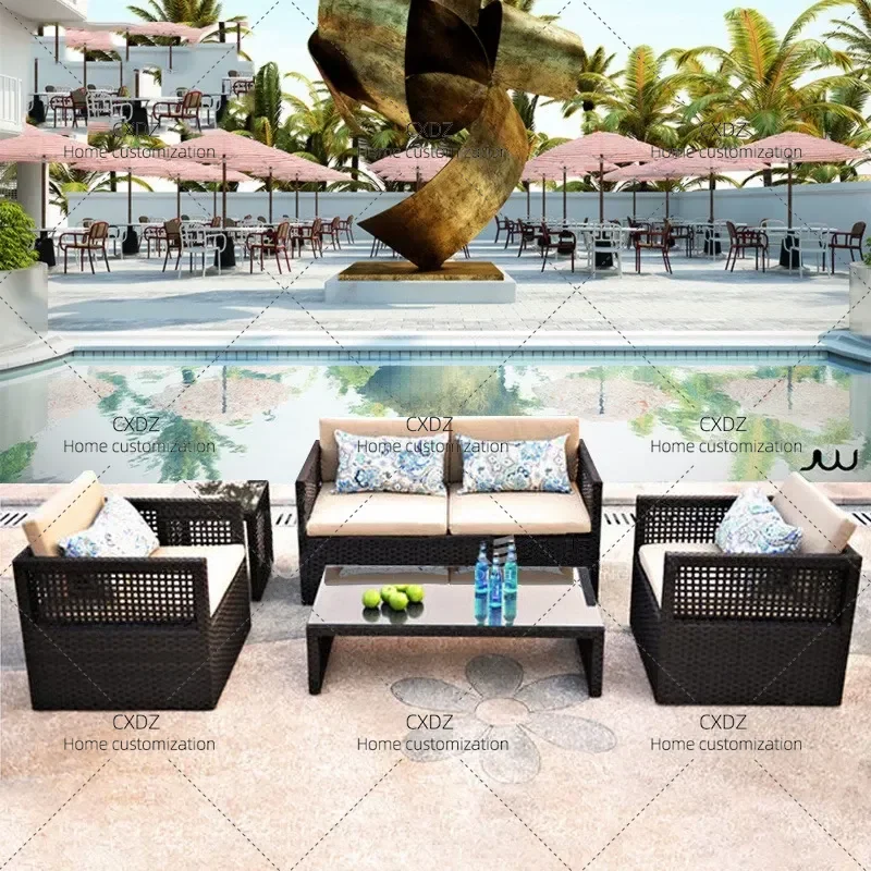 Outdoor Rattan Sofa Set Waterproof Sunproof Patio Balcony Wicker Chair Single Double Coffee Table Hotel Garden Furniture