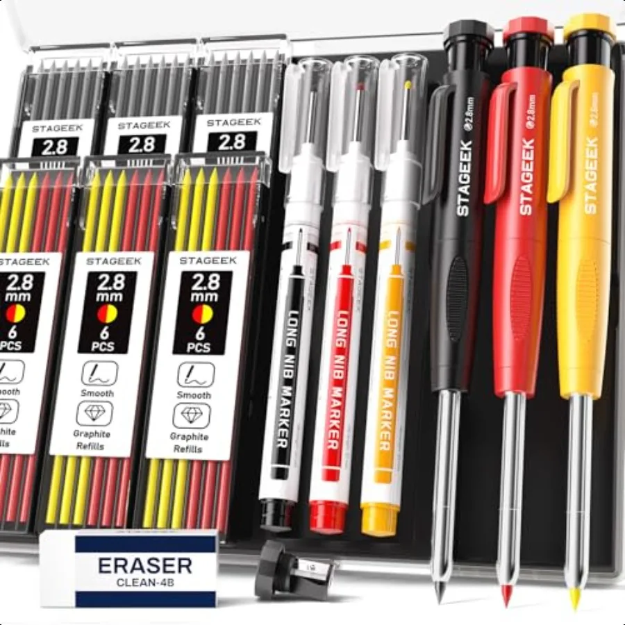 

3PCS Carpenter Pencils with Sharpener Heavy Duty Woodworking Tools Mechanical Pencil Set with 39 Refills Deep Hole Long Nib Mar