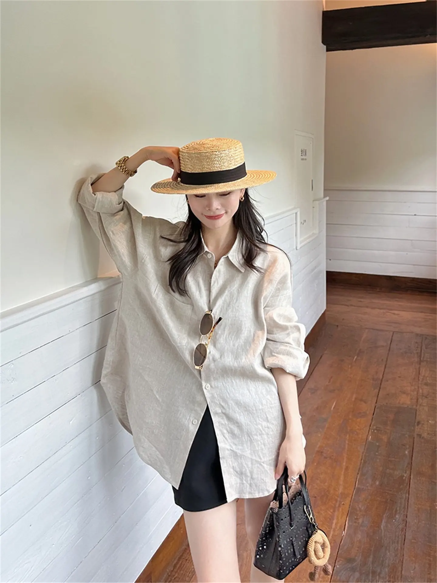 Elegant White Linen Women's Shirt Jacket Thin Long Sleeve Commute Style Korean Version Summer Collection Fashionable Top
