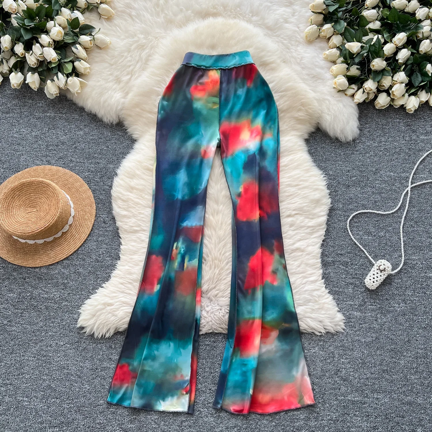 Casual Tie Dye High Waist Vintage Women Basics Print Chic Light Flare Pants Korean High Street Streetwear Autumn Winter Clothing