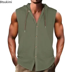Summer Cotton Linen Sleeveless Hooded Shirt for Men Fashion Loose Casual Solid Breathable Button-up Tops Men's Hoodies Tank Tops