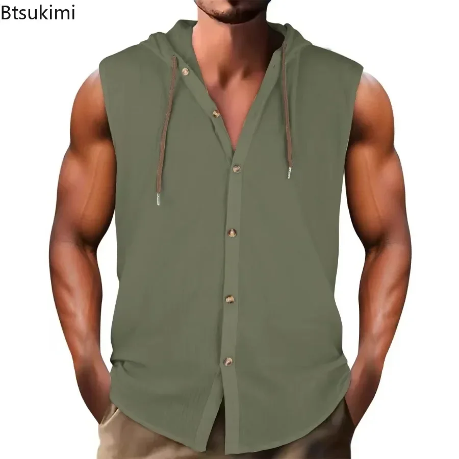 Summer Cotton Linen Sleeveless Hooded Shirt for Men Fashion Loose Casual Solid Breathable Button-up Tops Men's Hoodies Tank Tops