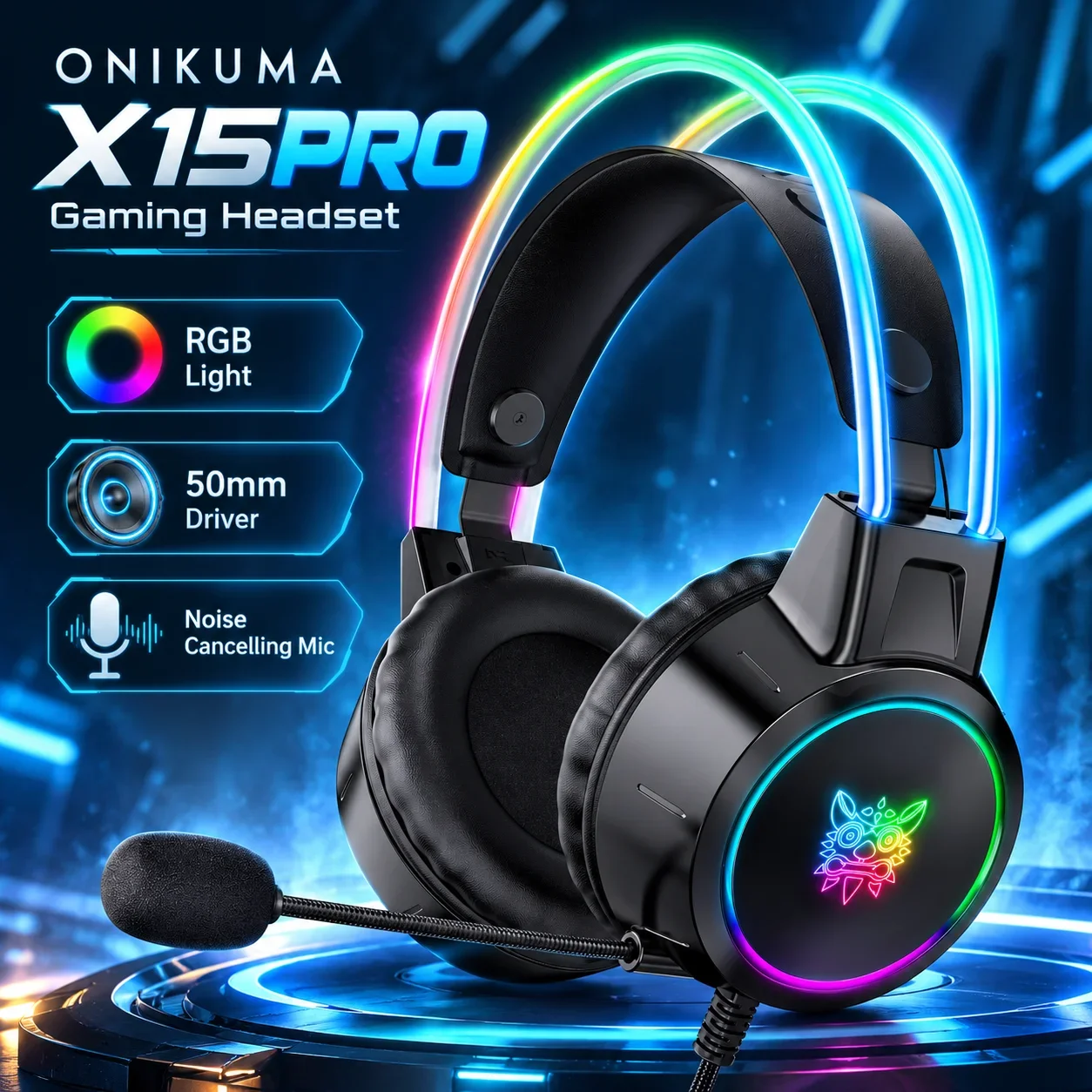 ONIKUMA X15PRO Gaming Headset 50mm Drivers Wired RGB Lighting Noise Cancelling Microphone Stereo Sound For PC PS4 Xbox Switch