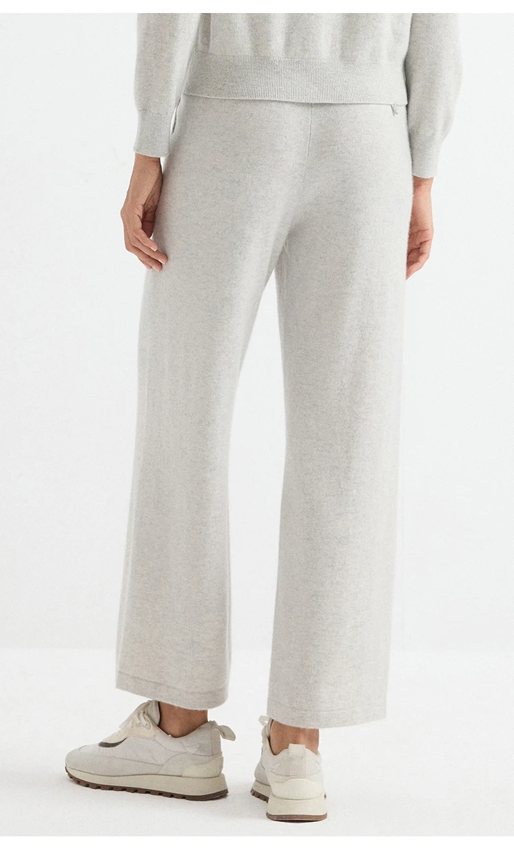 BD3621836 Damen 100% Kaschmir Strickhose mit Weitem Bein, Elastischem Bund, Gesäßtasche, Kettenabzeichen, Weiche Entspannte Passform für den Frühherbst – Detail 4