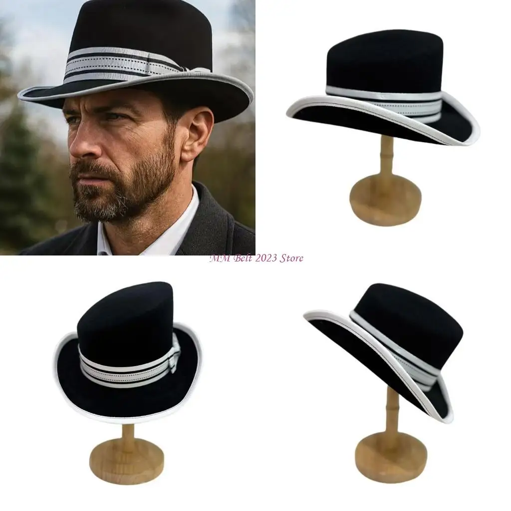 49ME Wool Bowler Hat Bowknot Band Tall Hat for Masquerade Cocktail Event Gathering