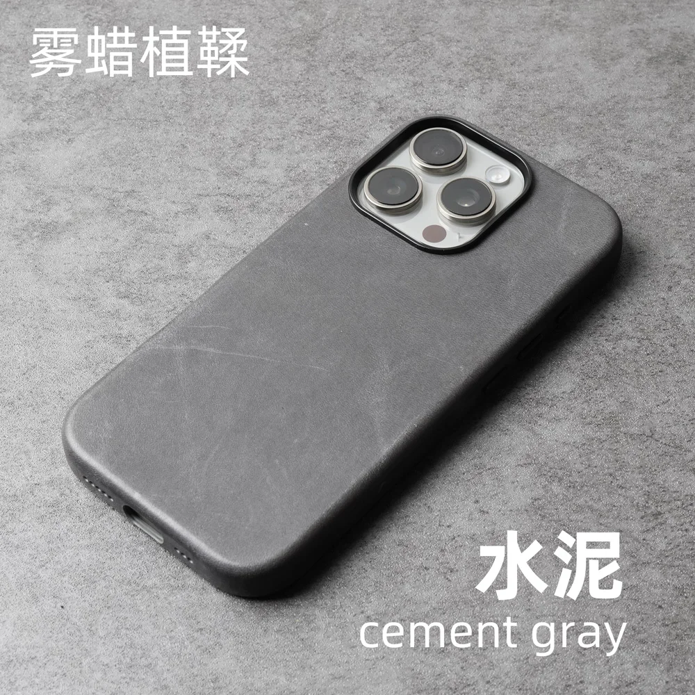 

Waxed Genuine Leather Case for iPhone 16 Pro Max 15 14 Magnetic Vegetable Tanned Cowhide Phone Cover Cement gray