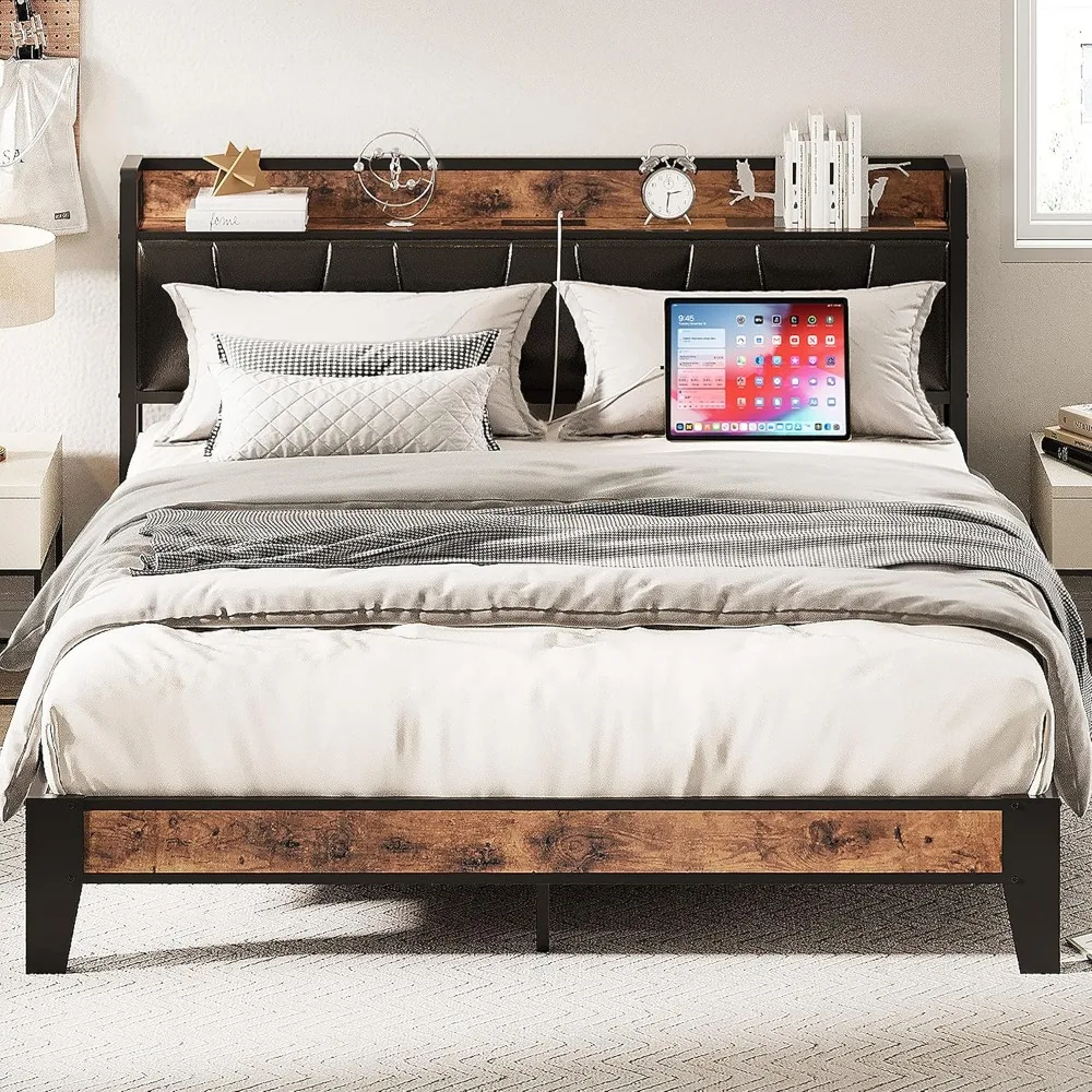 

Queen Bed Frame, Storage Headboard with Charging Station, Solid and Stable, Noise Free, No Box Spring Needed, Easy Assem