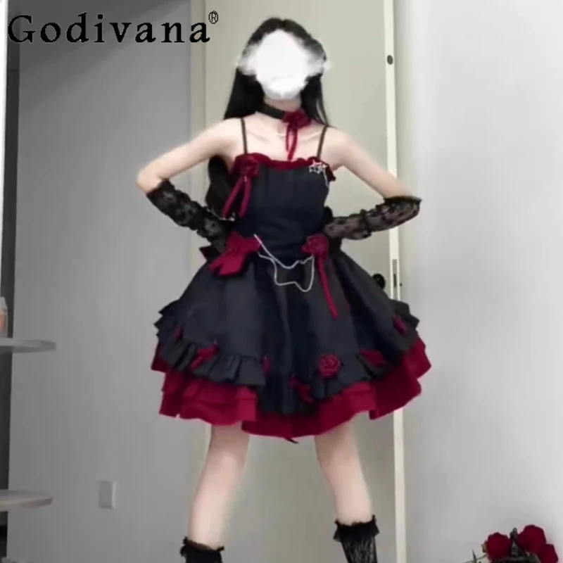 

Black and Red Gothic Lolita Dress Women's Fluffy Romantic Princess Trailing Dress Female Halloween Party Big Bow Dress