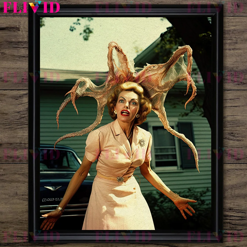 A Woman Parasitized By An Alien Creature,Vintage Wall Art Canvas Painting,Surreal Horror Fantasy Photo,Art Poster Print Decor