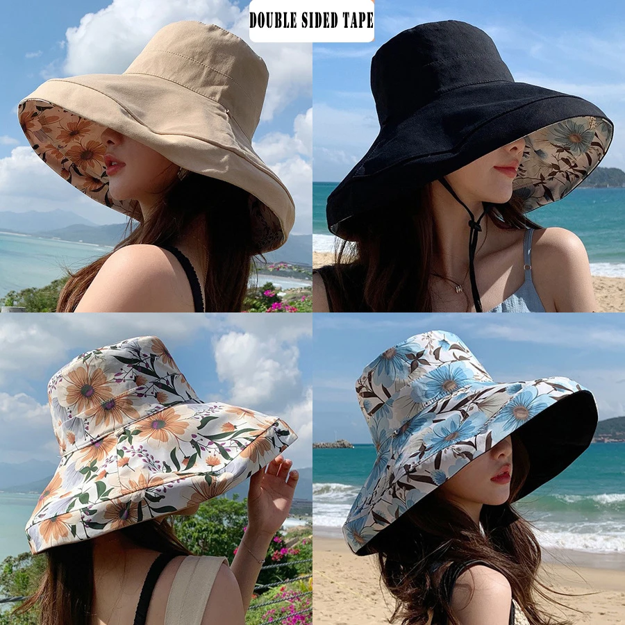 Panama Hats Spring and Summer Women's Double Sided Printed Fisherman Bucket Basin Sun Hat Big Brim Fashion Hat Outdoor Cap H18