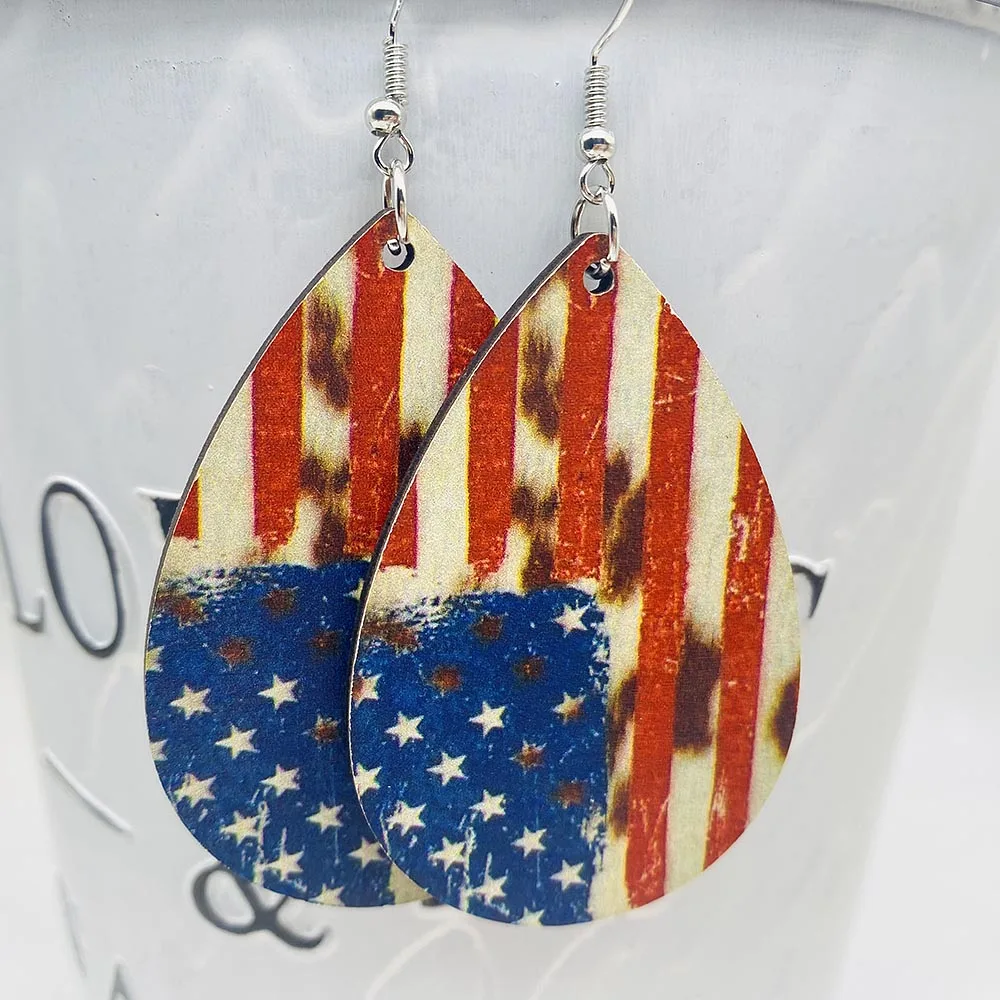 New Independence Day Wooden Earrings Sunflower American Flag Water Drop Earrings for Women Jewelry