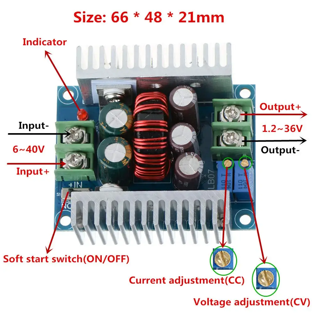 20A 300W CC CV Step Down Module Adjustable DC 6-40V to 1.2-36V Voltage Regulator Buck Converter Constant Current Power Supply