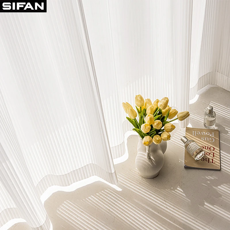 Custom Size Light and Shadow White Sheer Curtains For Living Room Balcony Blinds Style Striped Vertical Privacy Tulle Curtain