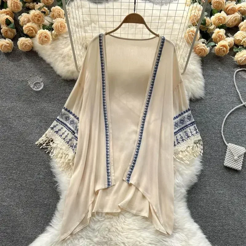 Summer Bohemian  Cover Up Poncho Women Pareo Beach Kimono Long Fashion Embroidery Cardigan Tassel Chiffon Shirt ED1881