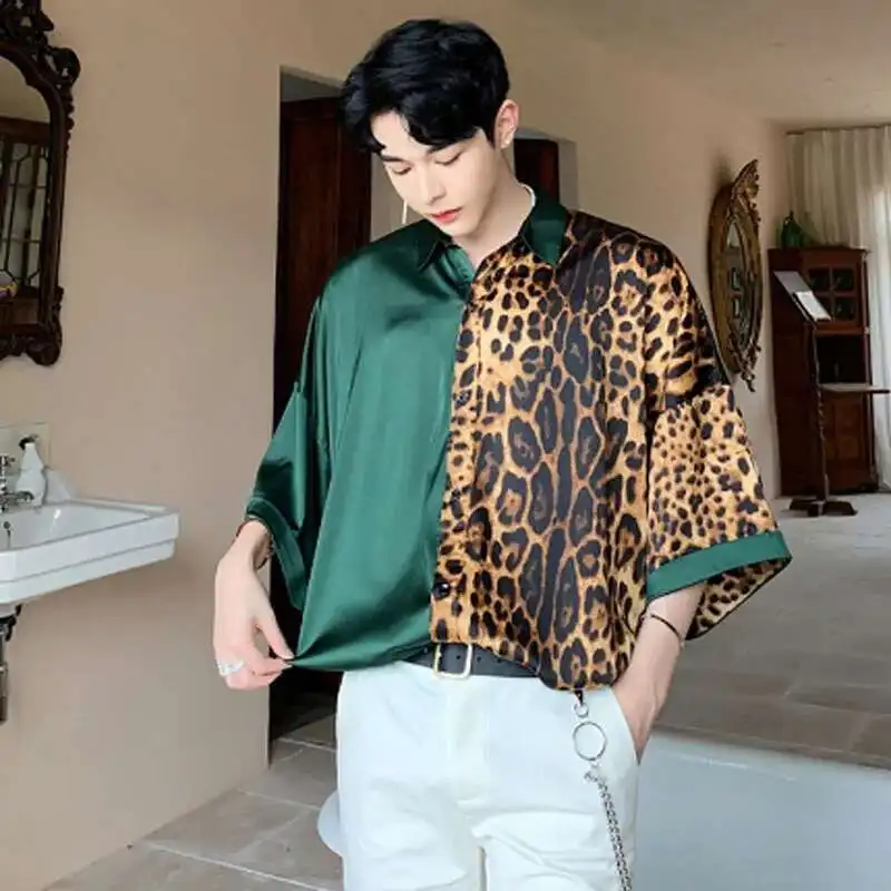 Patchwork Men Shirts With Leopard Summer Nightclub 2025 Oversize Vintage DJ Singer Punk Silk Shirt Stage Costume