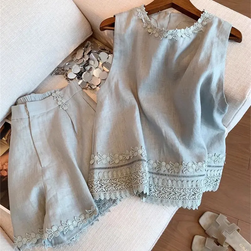 

New Chinese Style Blue Embroidery O-neck Sleevless Vest Top+ Y2k High Waist Loose Wide Leg Shorts Summer Two Piece Sets